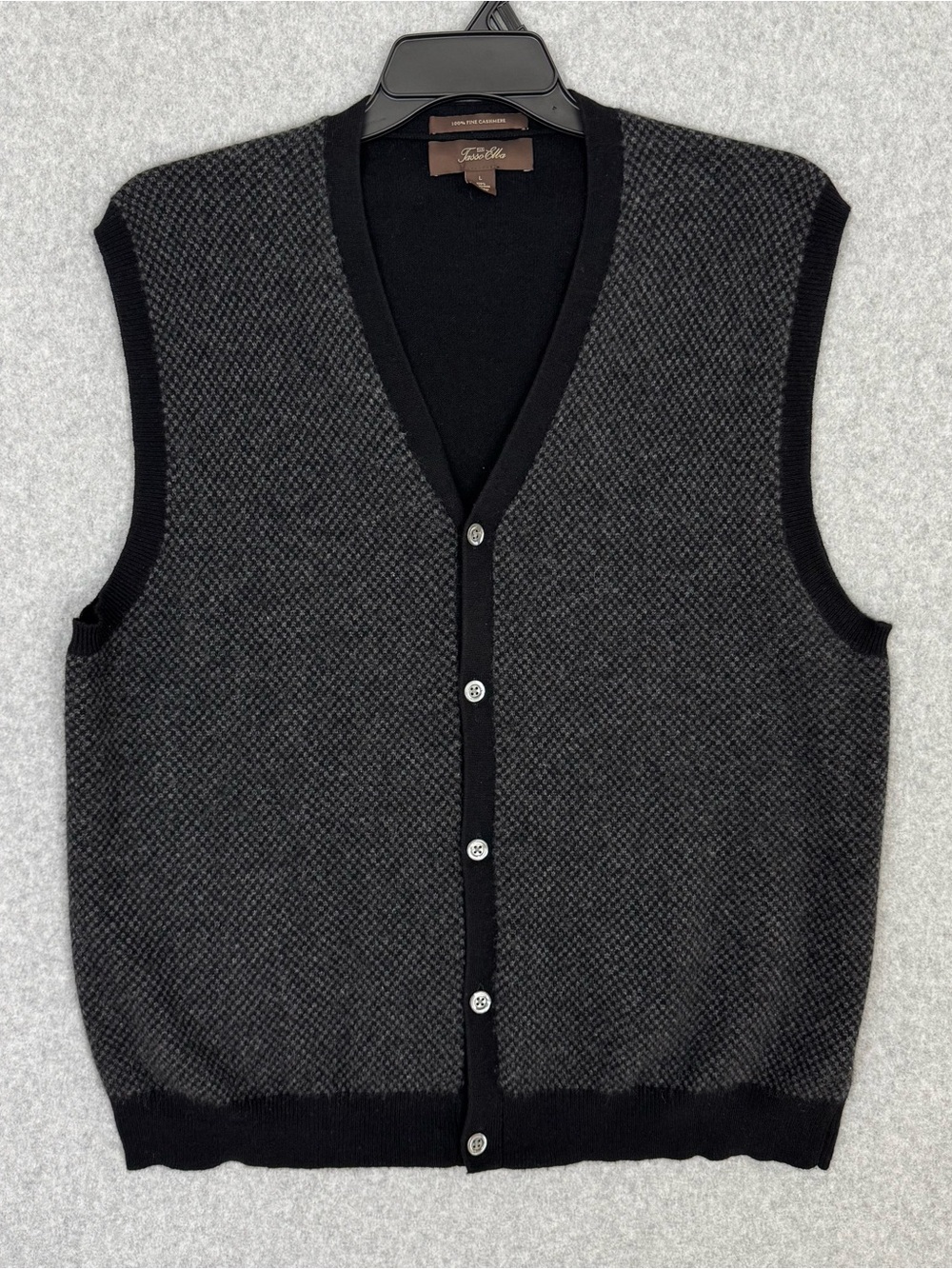 Tasso Elba Cashmere V-Neck Button Front Geometric Sweater Vest Large Black Gray